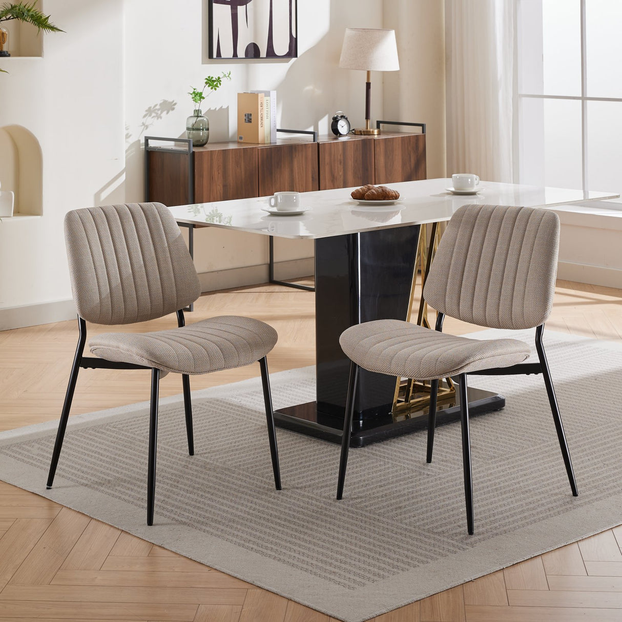 2-piece retro linen chair set with curved wooden backrest, cushioned seat, adjustable metal legs, (Beige Linen) - V.I.P Digital Presence