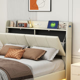 Large floating bed frame with storage headboard, touch sensor, night light and USB charger, padded platform bed, beige color - V.I.P Digital Presence