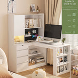 L-shaped office desk with charger, bookshelf with drawers and LED lights, and corner gaming computer desk with storage space - V.I.P Digital Presence