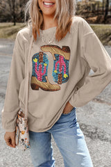 Full Size Sequin Boots Round Neck Long Sleeve Sweatshirt - V.I.P Digital Presence