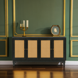 Handcrafted Premium Grain Panels Rattan Sideboard Buffer Cabinet Accent Storage Cabinet With 4 Rattan Doors BLACK - V.I.P Digital Presence