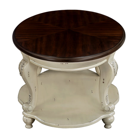 22 inch dual tone round head table, solid wood sofa side table with shelf, white and cherry tabletop - V.I.P Digital Presence