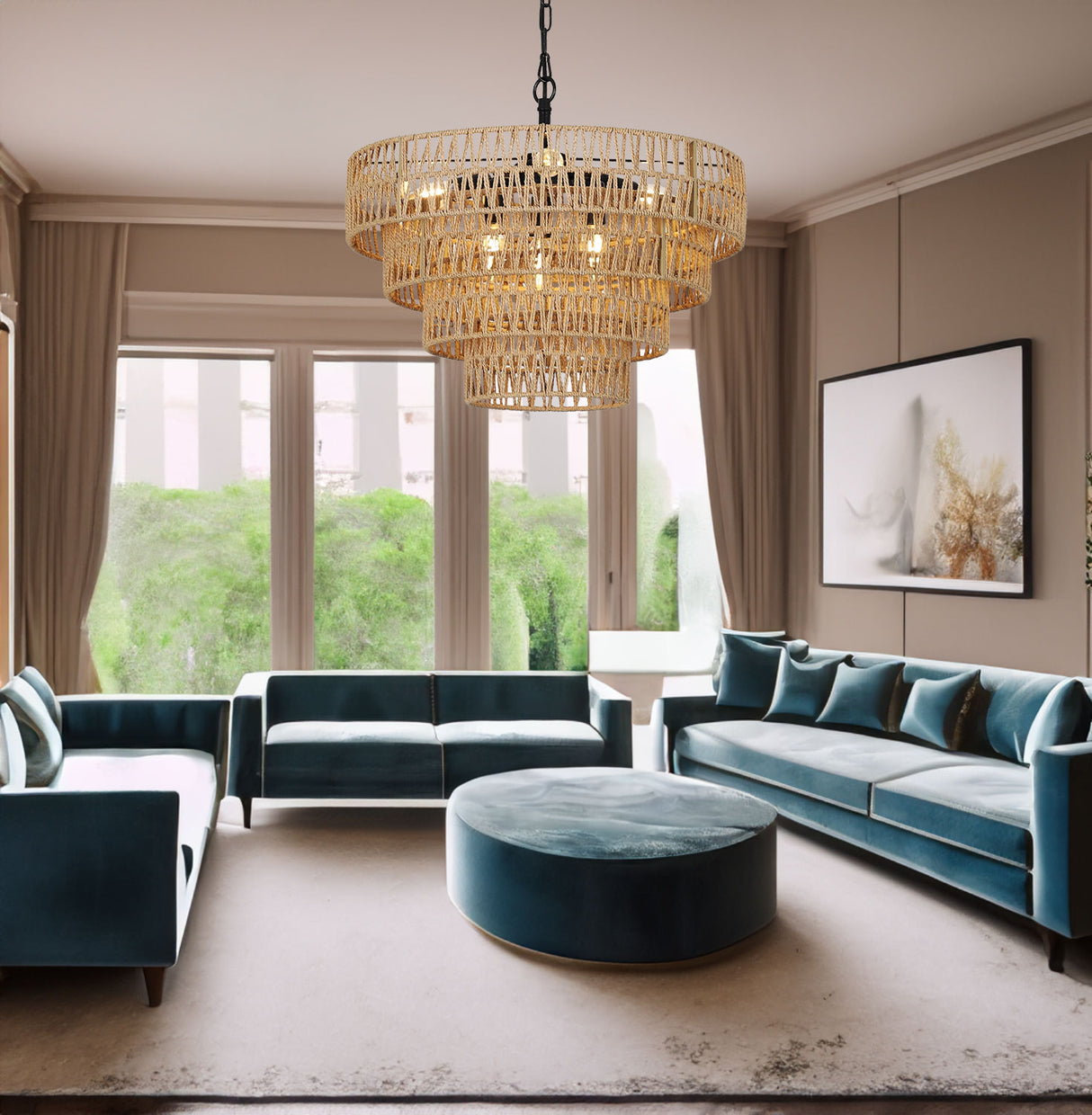 6-Light Dining Room Light Fixture, Wicker Pendant Lighting with 4-Tier Woven Lampshade, Large Farmhouse Chandeliers (20") - V.I.P Digital Presence