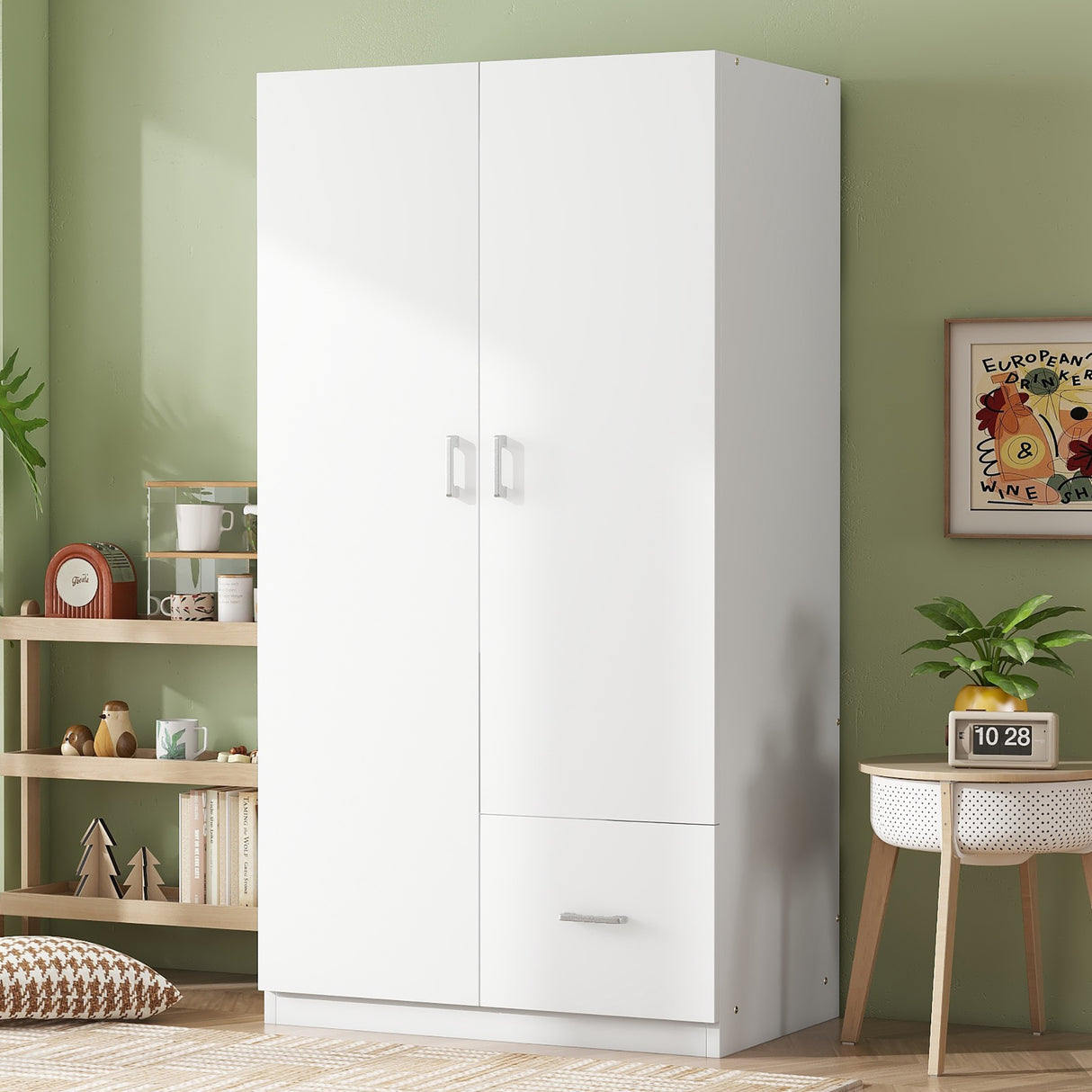 Wooden Wardrobe with Double Doors, Armoire with Hanging Rod, 5 Fixed Shelves, One Storage Drawer,White - V.I.P Digital Presence