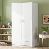 Wooden Wardrobe with Double Doors, Armoire with Hanging Rod, 5 Fixed Shelves, One Storage Drawer,White - V.I.P Digital Presence