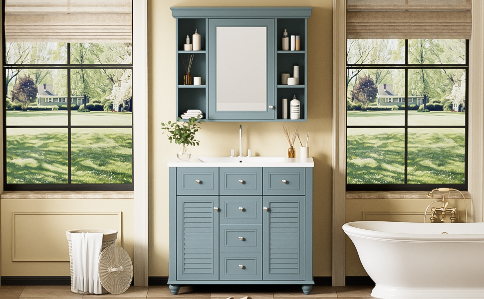 36 inch modern mirror cabinet with adjustable shelves, 2 soft closing doors, and 6 drawer storage cabinet door organizers - V.I.P Digital Presence