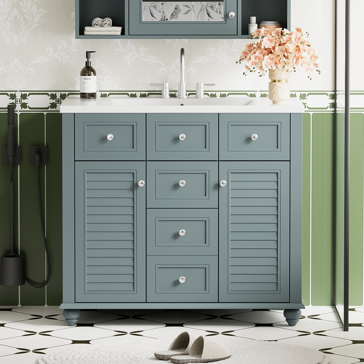 36 "bathroom makeup cabinet with resin sink combination and 2 drawers, with soft closing door, blue color - V.I.P Digital Presence