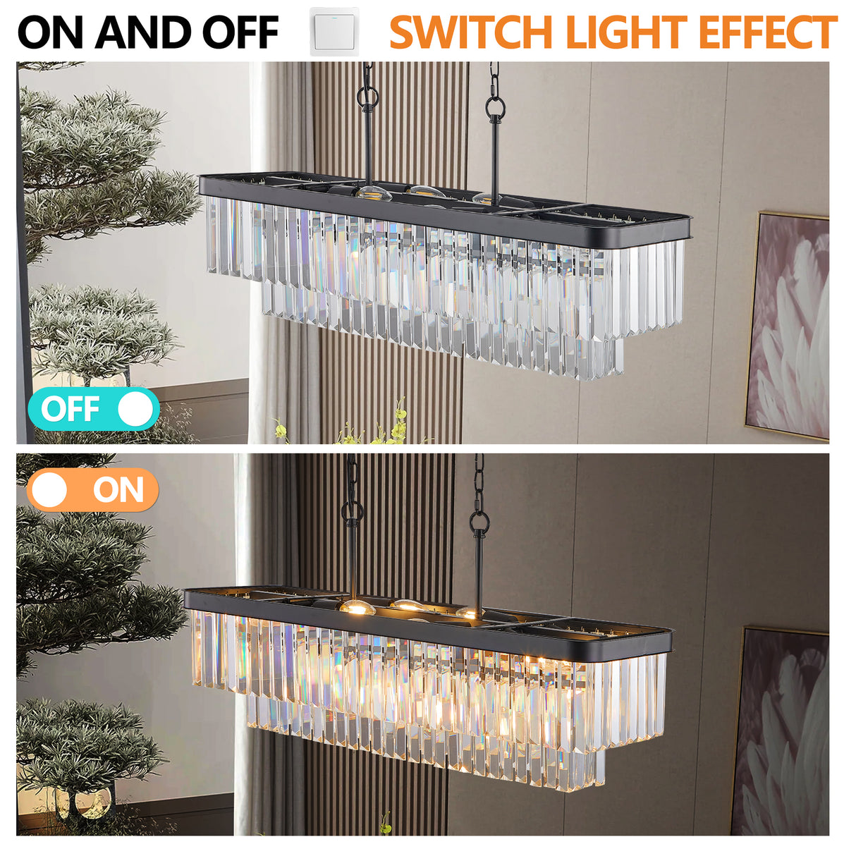 Chandeliers,Rectangular Crystal Chandelier Adjustable,E12 Modern Industrial Crystal Lights (Bulb Not Included) - V.I.P Digital Presence