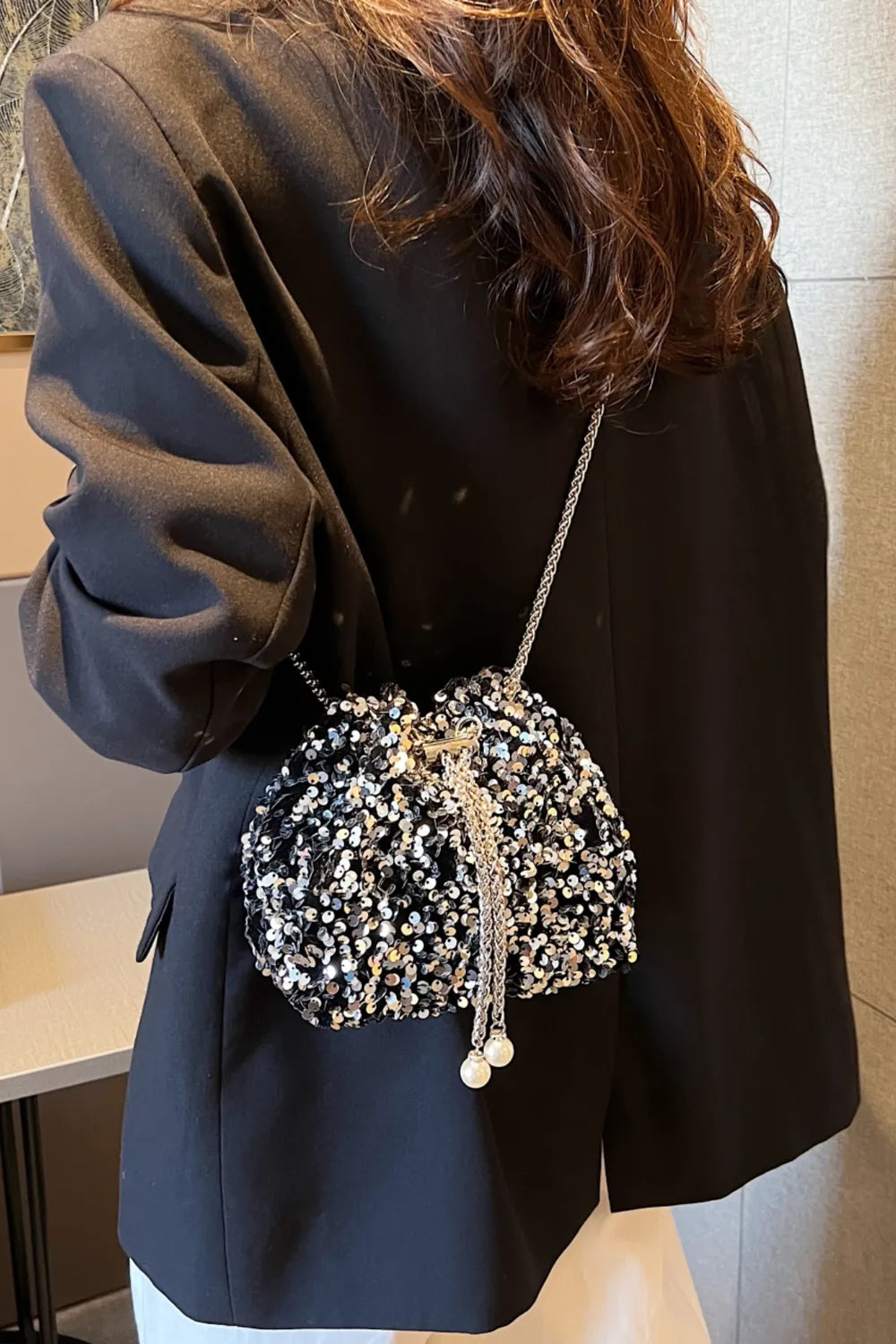 Sequin Chain Drawstring Bucket Bag - V.I.P Digital Presence