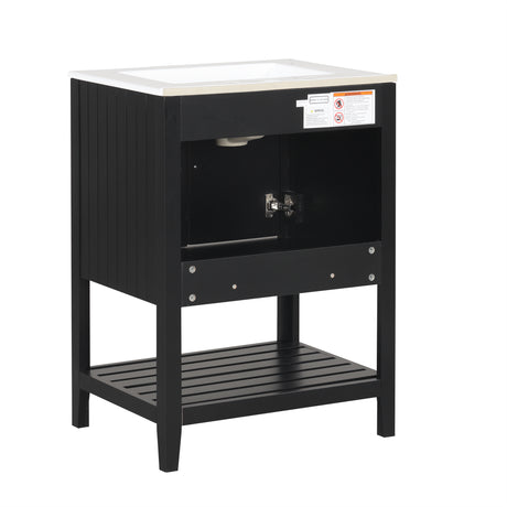 24" Black Modern Sleek Bathroom Vanity Elegant Ceramic Sink with Solid Wood Frame Open Style Shelf - V.I.P Digital Presence