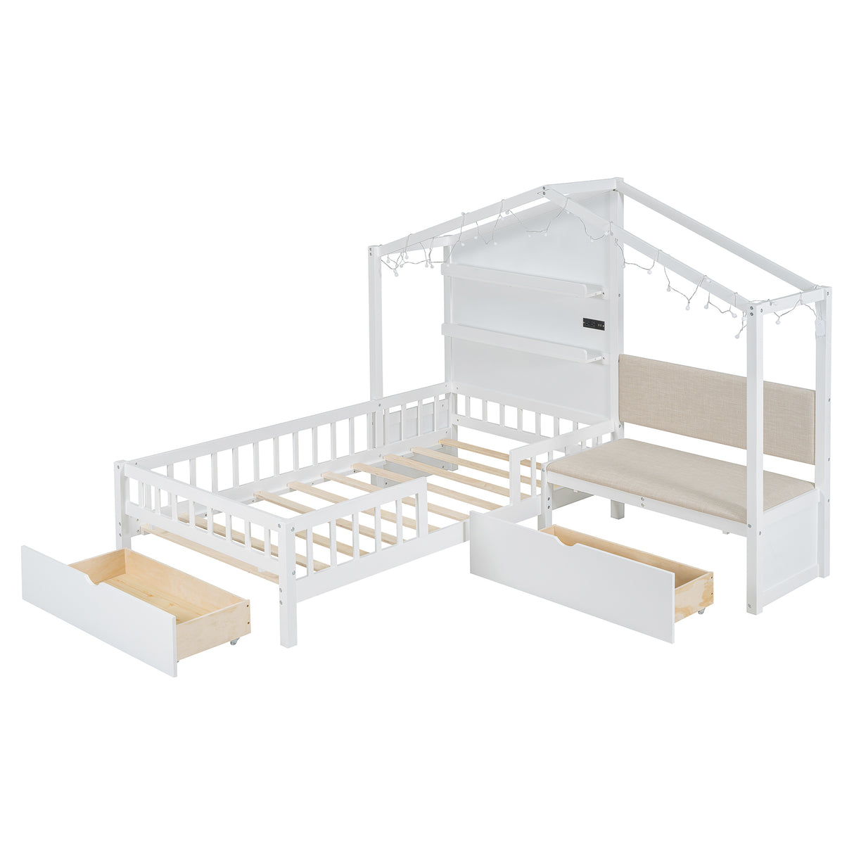 Twin Size House Bed with Upholstered Sofa, House Bed with Charging Station, Wireless Charging, Shelves and Two Drawers, White - V.I.P Digital Presence