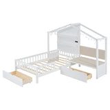 Twin Size House Bed with Upholstered Sofa, House Bed with Charging Station, Wireless Charging, Shelves and Two Drawers, White - V.I.P Digital Presence