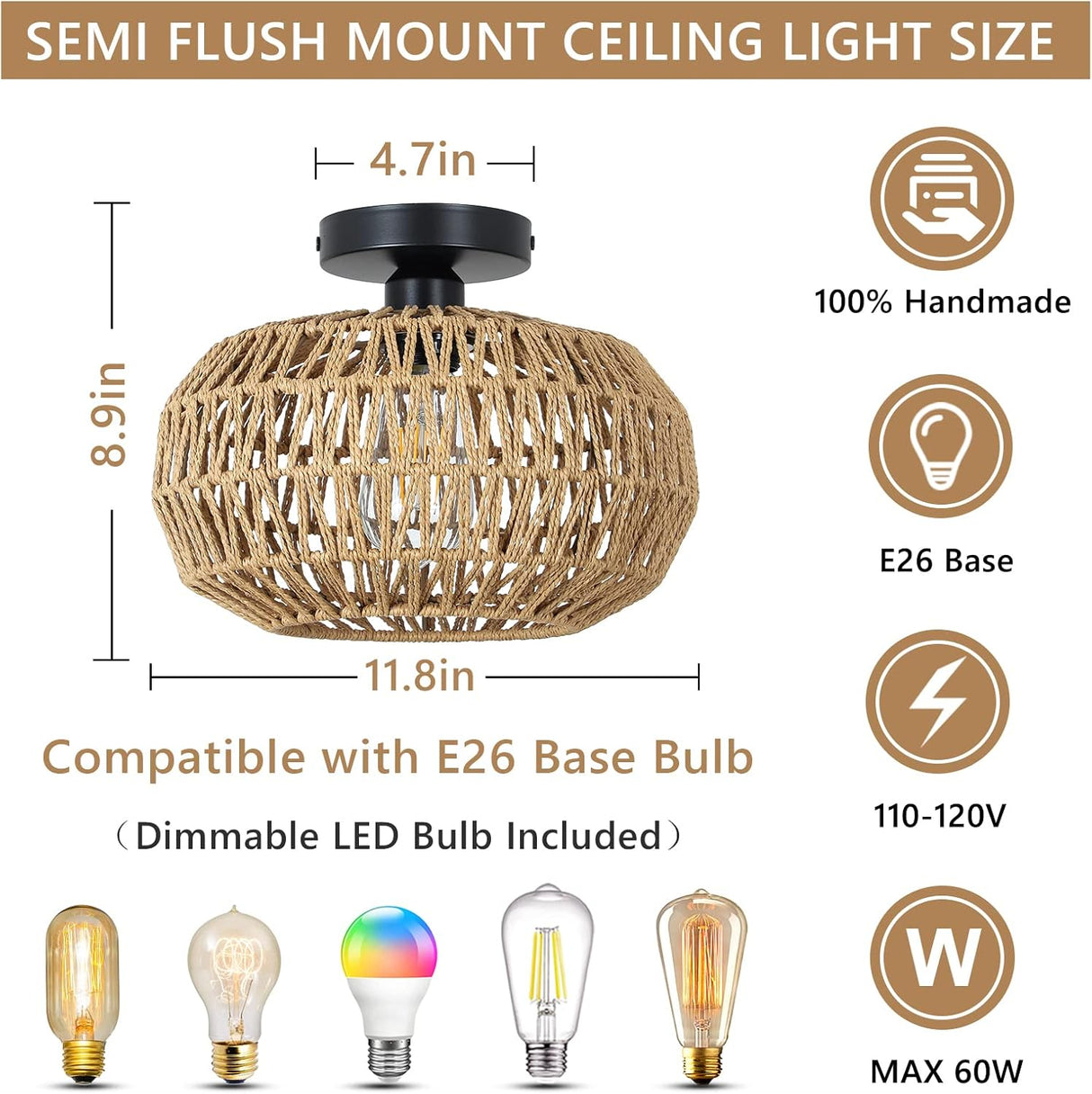 Rattan Light Fixtures Ceiling Mount,Boho Ceiling Light Fixture with Dimmable LED Bulb Mini Hand Woven Rattan - V.I.P Digital Presence