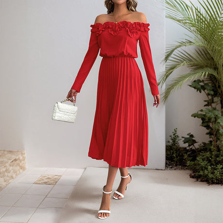One-Shoulder Long Sleeve Solid Color Women's Dress - V.I.P Digital Presence