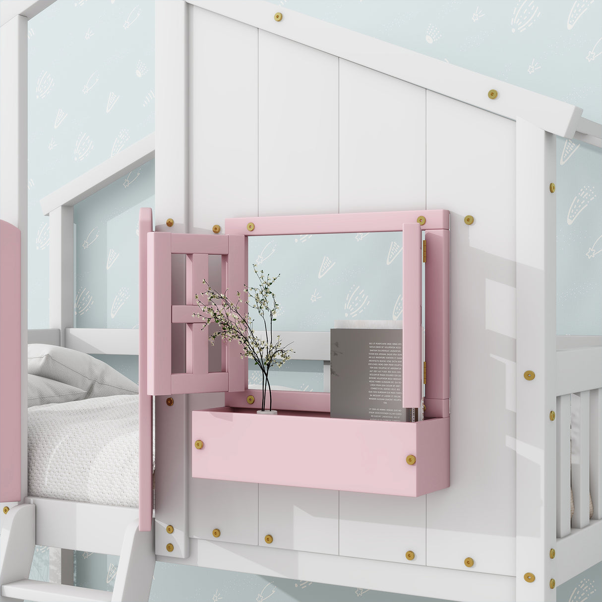 Twin over Twin House Bunk Bed with Roof , Window, Window Box, Door , with Safety Guardrails and Ladder, Pink/White - V.I.P Digital Presence