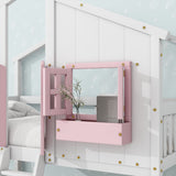 Twin over Twin House Bunk Bed with Roof , Window, Window Box, Door , with Safety Guardrails and Ladder, Pink/White - V.I.P Digital Presence