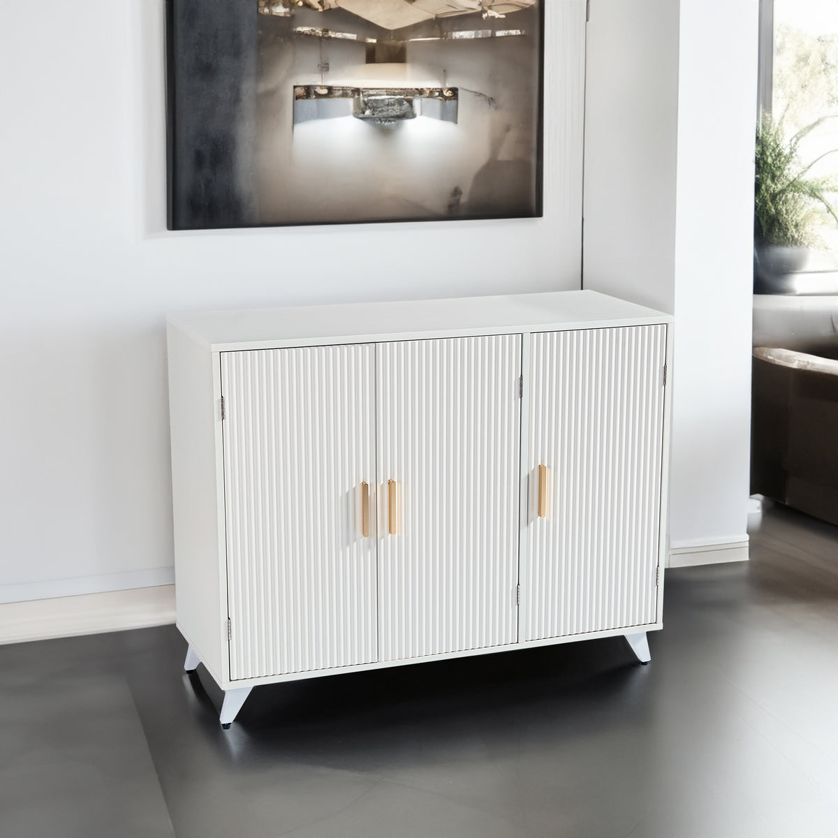ideboard with wavy texture buffet cabinet, white accent cabinet with door, modern bookcase for kitchen living room - V.I.P Digital Presence