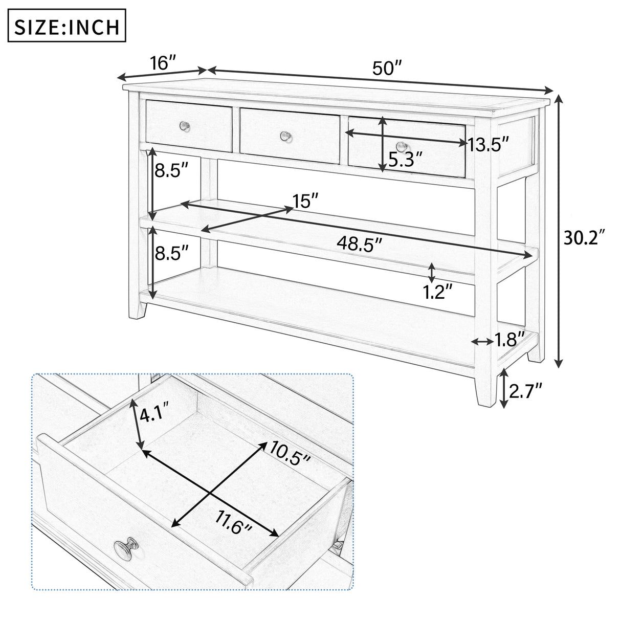 Retro Design Console Table with Two Open Shelves, Pine Solid Wood Frame and Legs for Living Room (Espresso) - V.I.P Digital Presence