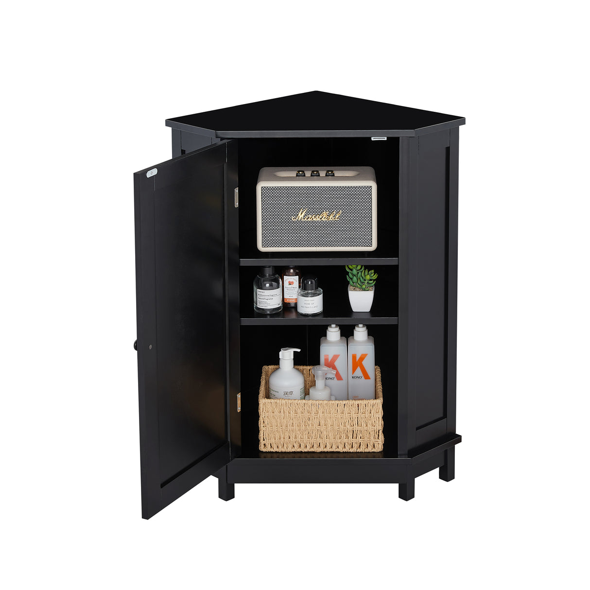 Black Bathroom Cabinet Triangle Corner Storage Cabinet with Adjustable Shelf Modern Style MDF Board - V.I.P Digital Presence