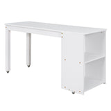 Low Study Full Loft Bed with Cabinet Shelves and Rolling Portable Desk Multiple Functions Bed- White
