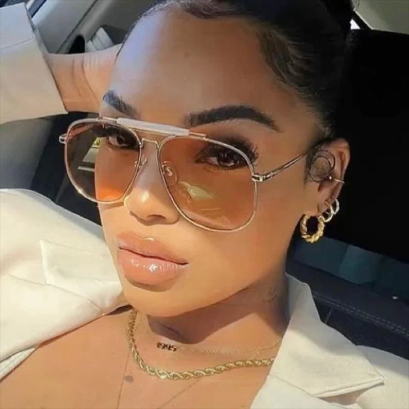 Metal Frame Pilot Sunglasses For Women Double Bridge Champagne Sun Glasses Woman Luxury Square Clear Oversize Shades - V.I.P Digital Presence