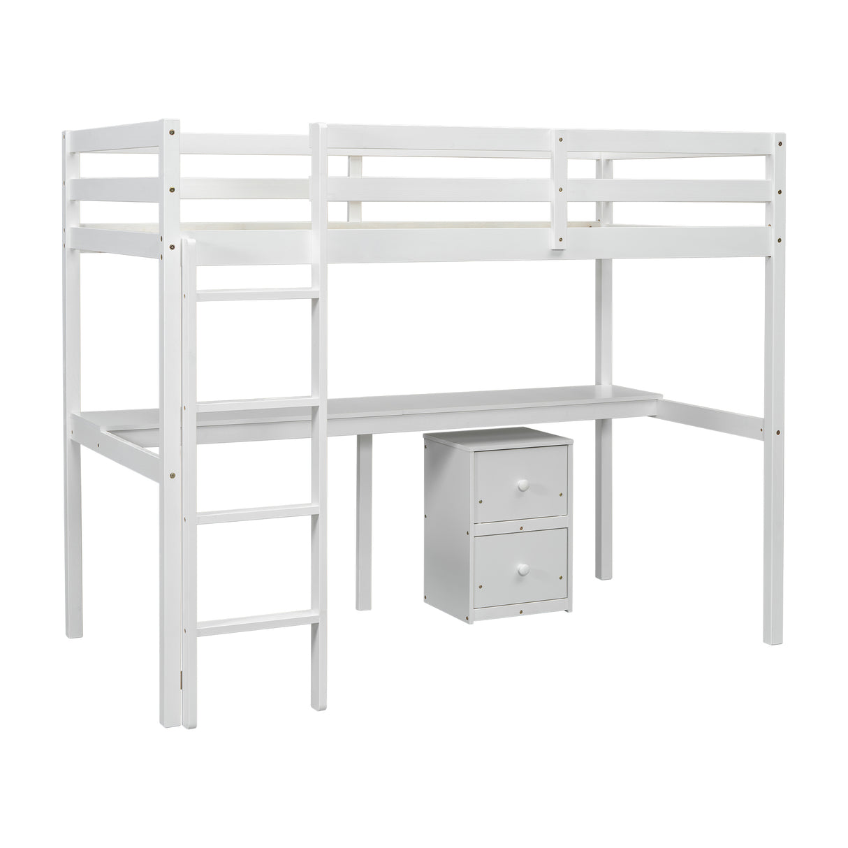 Twin Loft Wood Bed with Under-bed, Built-in Desk, a Storage Cabinet of 2 Drawers, Guardrails, Ladder,White - V.I.P Digital Presence