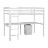 Twin Loft Wood Bed with Under-bed, Built-in Desk, a Storage Cabinet of 2 Drawers, Guardrails, Ladder,White - V.I.P Digital Presence