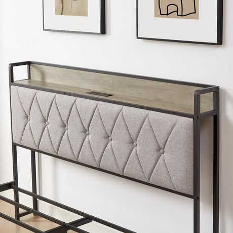Bed frame with charging station full size, Grey, 83.1'' L x 56.1'' W x 39.2'' H. - V.I.P Digital Presence