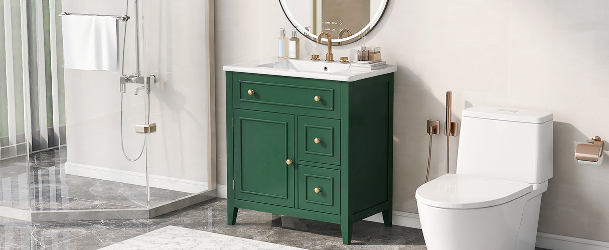 30" Bathroom Vanity with Sink Top, Bathroom Vanity Cabinet with Door and Two Drawers, Solid Wood Frame, One Package, Green - V.I.P Digital Presence