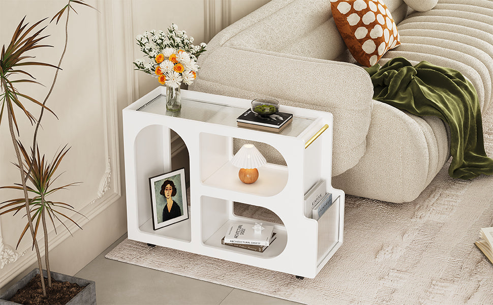 Stylish mobile desk with lockable wheels, white bedside table with 5mm thick grooved tempered glass and gold round bars - V.I.P Digital Presence