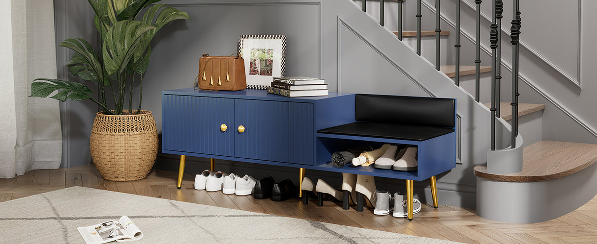 Modern Shoe Storage Bench with Hidden Storage and Upholstered Cushions for Bedside, Living Room and Entryway (Navy) - V.I.P Digital Presence