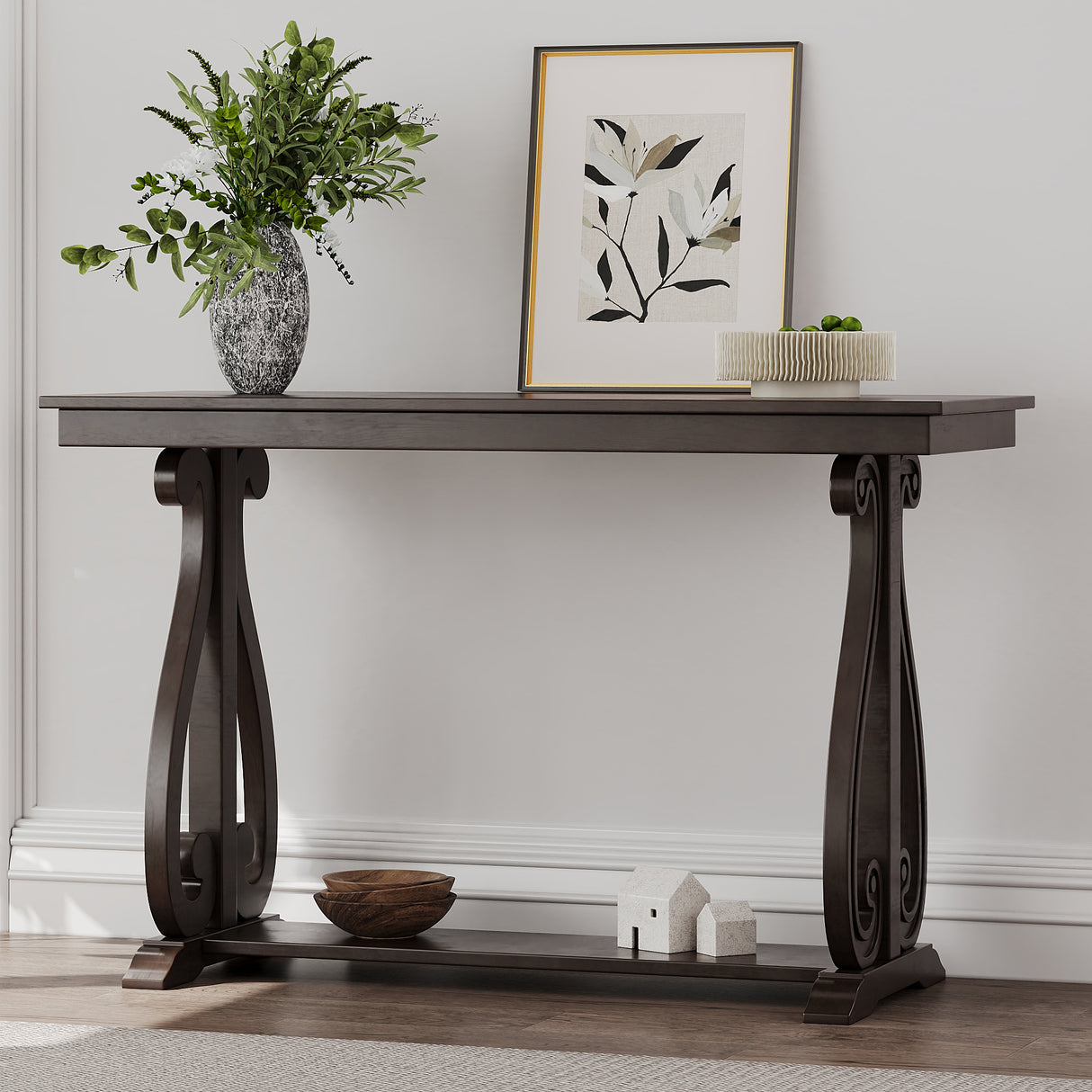 48-Inch Rustic Vintage Console Table --- Farmhouse Style Entryway Table with Open Shelf and Sturdy Construction  (Espresso) - V.I.P Digital Presence