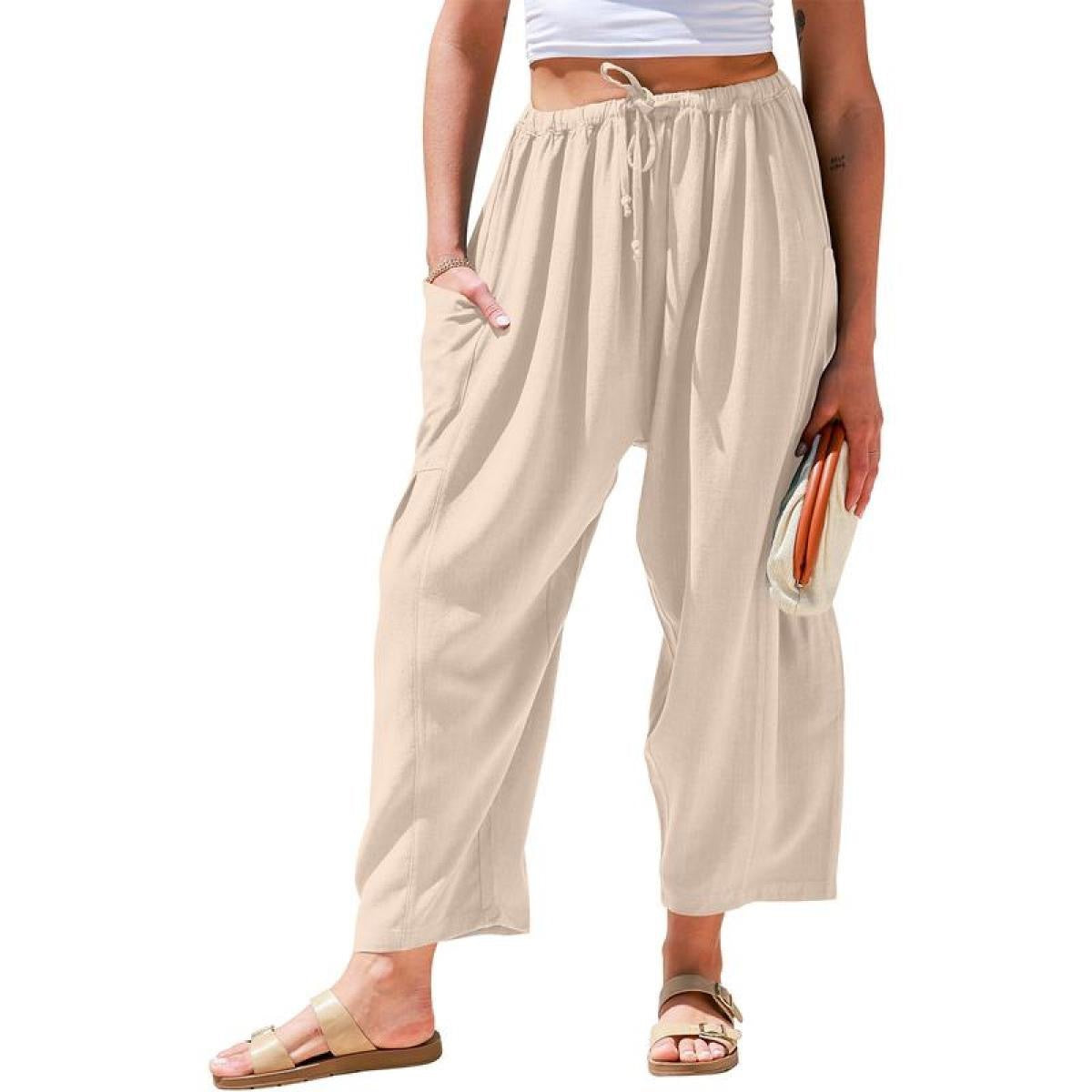European and American women's elastic waisted pleated high waisted wide leg loose Haren cotton linen pants - V.I.P Digital Presence