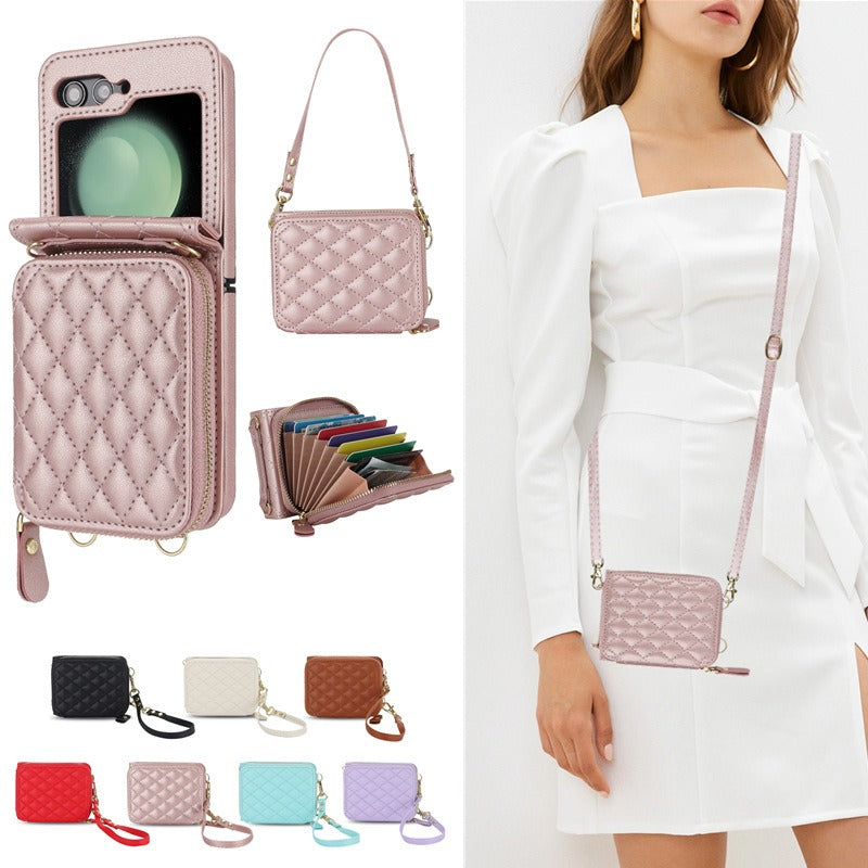 Suitable for Flip5 4 folding phone case fashion card insertion Samsung ZFlip6 crossbody small fragrant style phone leather cover - V.I.P Digital Presence