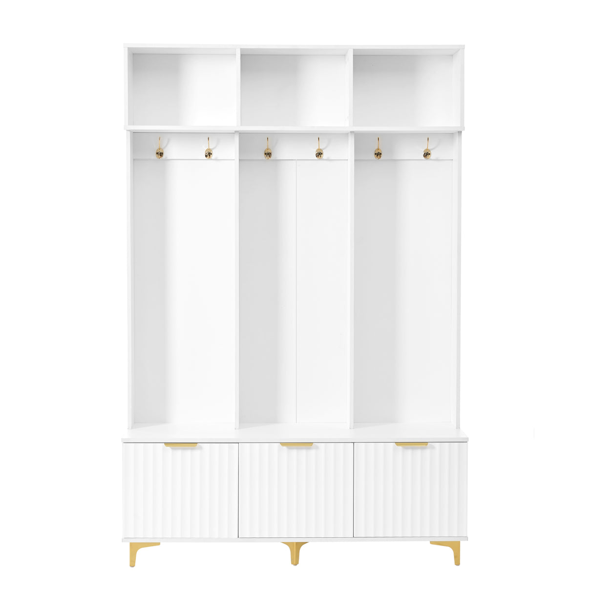Large storage hall tree with bench, multifunctional storage platform, luxury clothes hanger equipped with 6 gold hooks - V.I.P Digital Presence