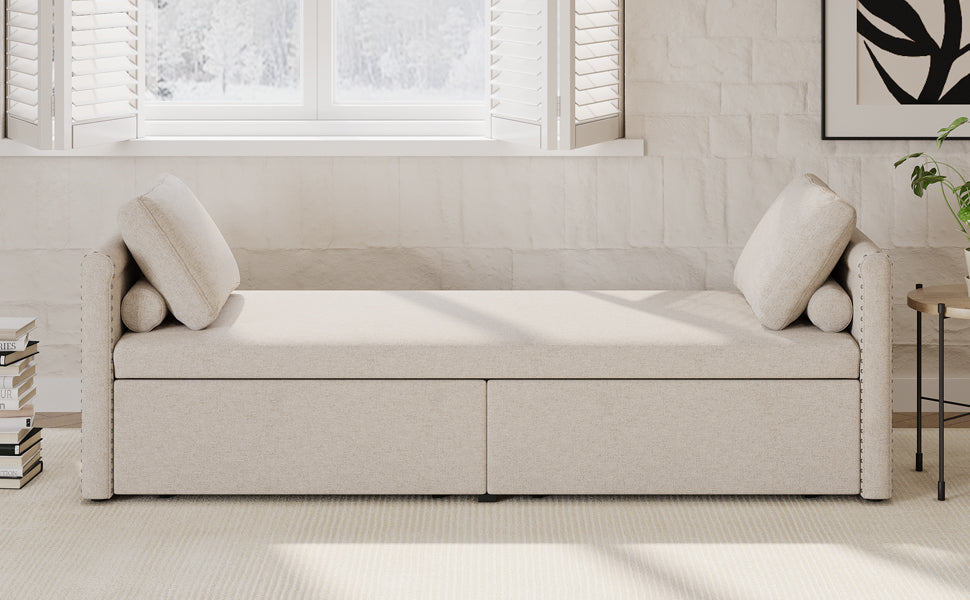 Modern cushioned lounge chair sofa bed with 2 drawers, small single sofa bed without mattress, linen, beige - V.I.P Digital Presence