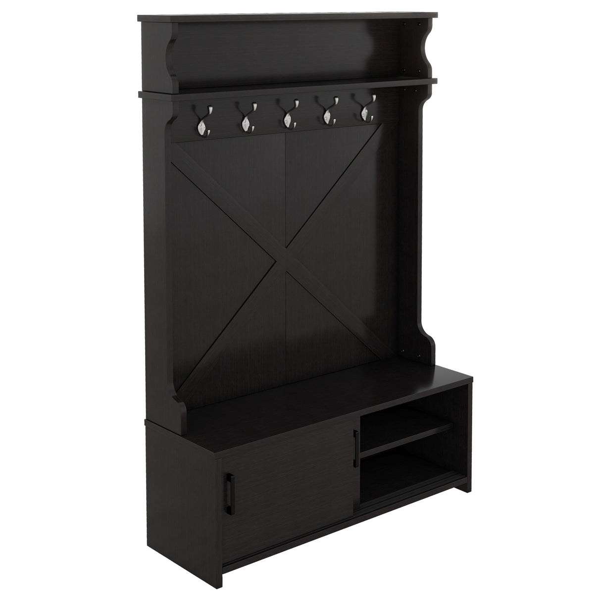 Hall tree with roof rack and storage platform, corridor shoe cabinet with sliding door, clothes hanger with 5 hooks black - V.I.P Digital Presence