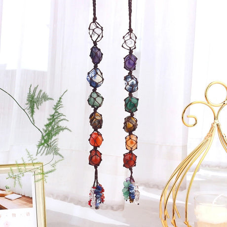 Natural crystal seven color rolling stone car hanging hand woven energy stone shaped mesh bag pendant - V.I.P Digital Presence