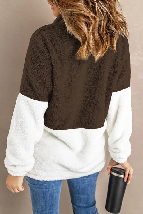 Color Block Half Zip Long Sleeve Fuzzy Sweatshirt - V.I.P Digital Presence