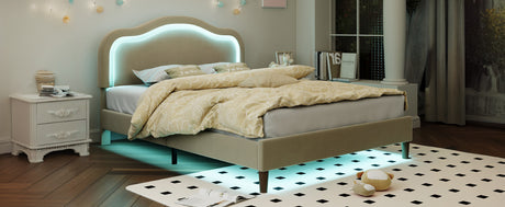 Full Size Velvet Upholstered Smart LED Bed Frame with Adjustable Height Headboard,No Box Spring Needed,Easy Assembly,Beige - V.I.P Digital Presence