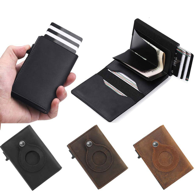 Leather Sliding Wallet Bi-Fold Credit Card Wallet Automatic Pop-Up Card Holder With Air Tag Protective Sleeve - V.I.P Digital Presence