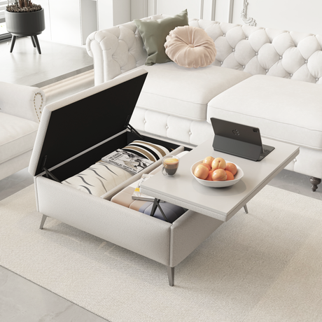35 inch Wide Square storage benches Coffee Table with Lift Top Oversized Storage Ottoman in Upholstered for Living Room - V.I.P Digital Presence
