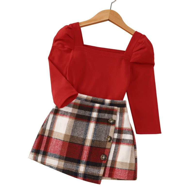 Red Long Sleeved Mid Autumn Children's Autumn Dress Tartan Suit - V.I.P Digital Presence
