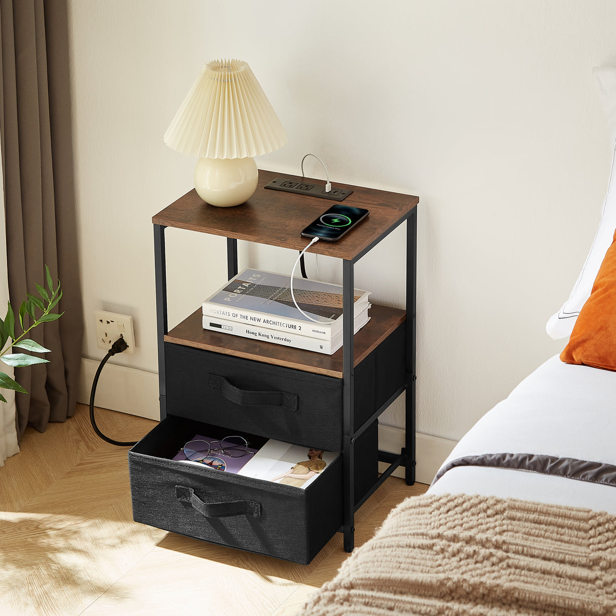 Tea table with charging station, bedside table with USB port, socket and cloth bag, 2 drawers - V.I.P Digital Presence
