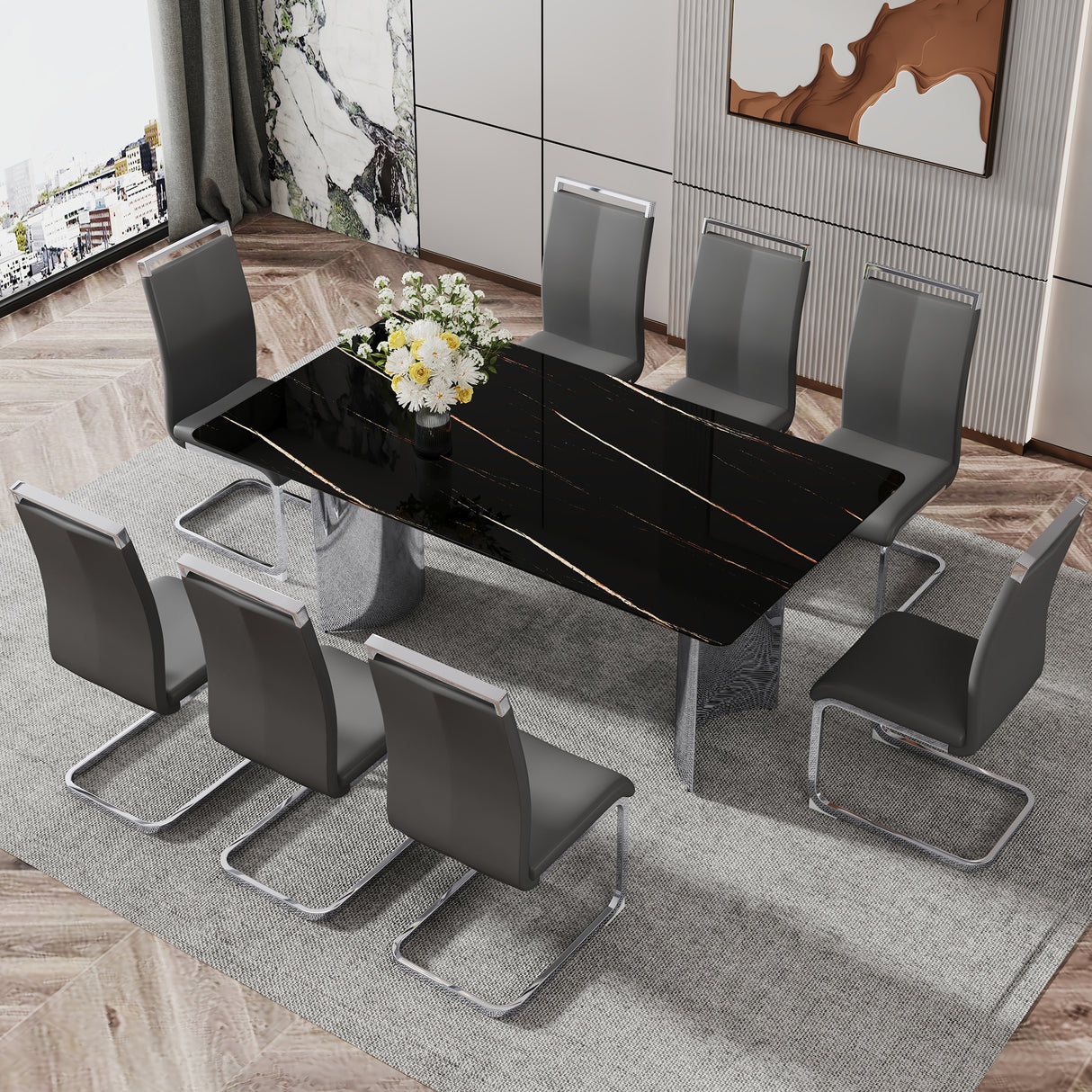 Modern minimalist dining table The black imitation marble glass desktop is equipped with silver metal legs - V.I.P Digital Presence