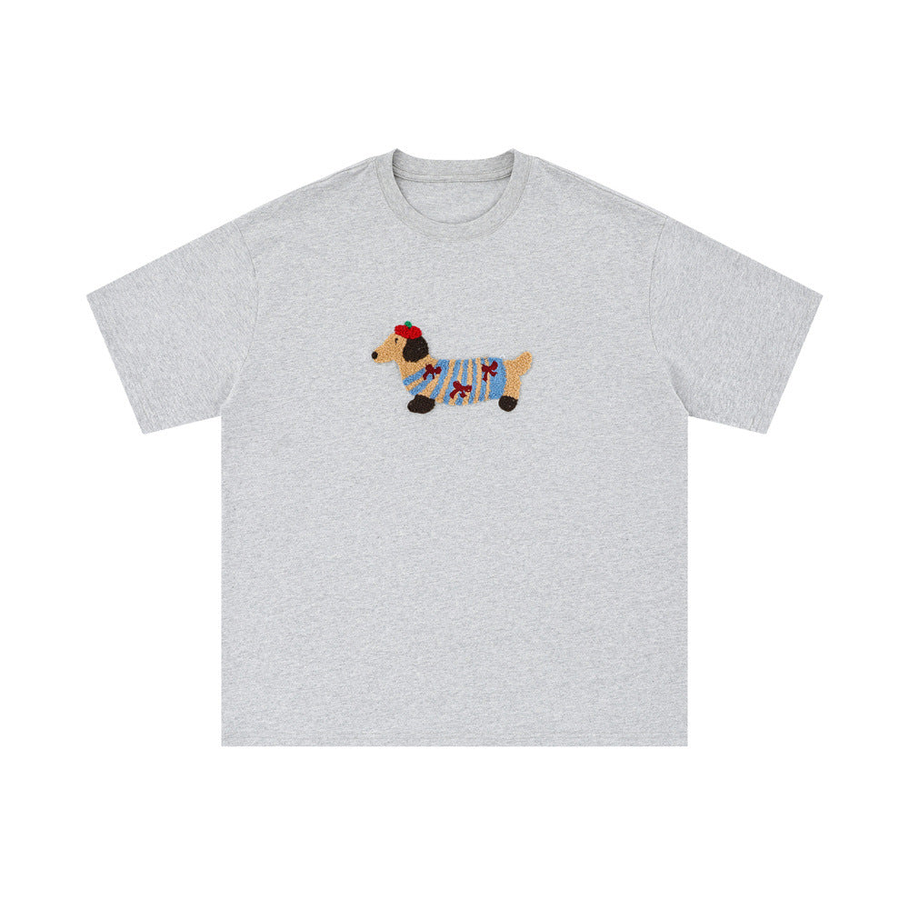 Sausage Dog Flocking Embroidery Short Sleeve T-Shirt Unisex INS Casual Loose Pure Cotton Top Summer Tee Street Fashion - V.I.P Digital Presence
