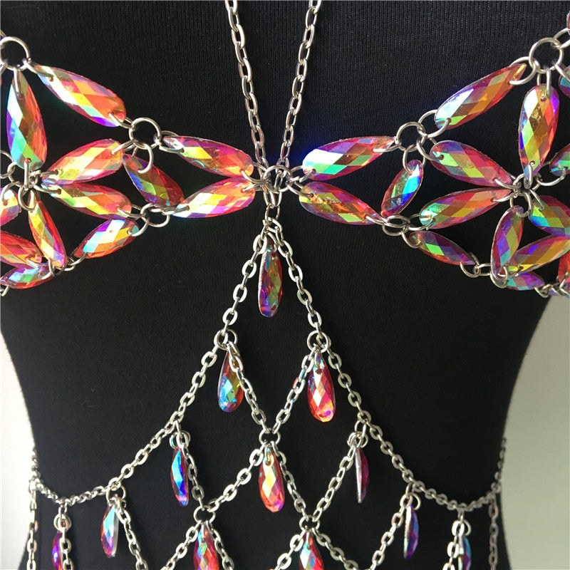 Queen Bling Metal Tassel Details Tank Tops Festival Rave Clothing Summer Sexy Backless Rave Body Chain Beach Tops - V.I.P Digital Presence