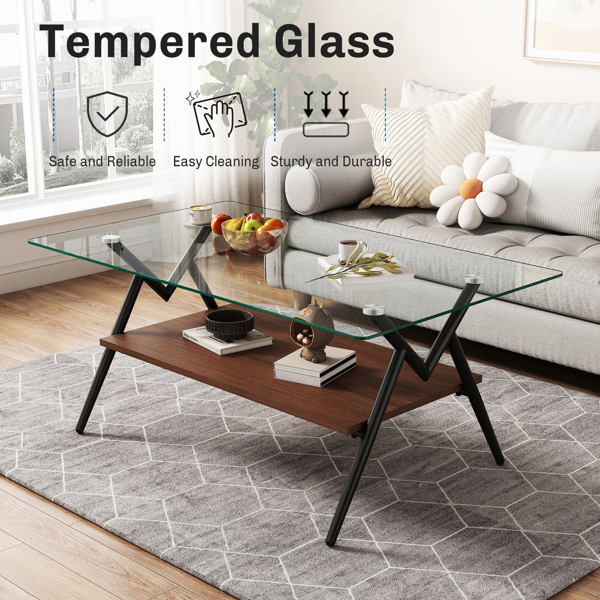 Rectangle Coffee Table with Tempered Glass top and Black Metal Legs, Modern Table for Living Room , Transparent Glass - V.I.P Digital Presence