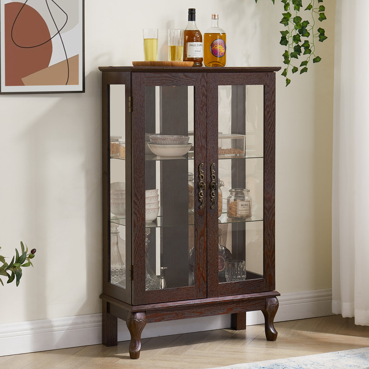 Dual door Curio cabinet with tempered glass mirror back panel and adjustable shelf display cabinet with light bulbs cherry color - V.I.P Digital Presence