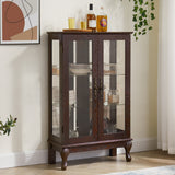Dual door Curio cabinet with tempered glass mirror back panel and adjustable shelf display cabinet with light bulbs cherry color - V.I.P Digital Presence